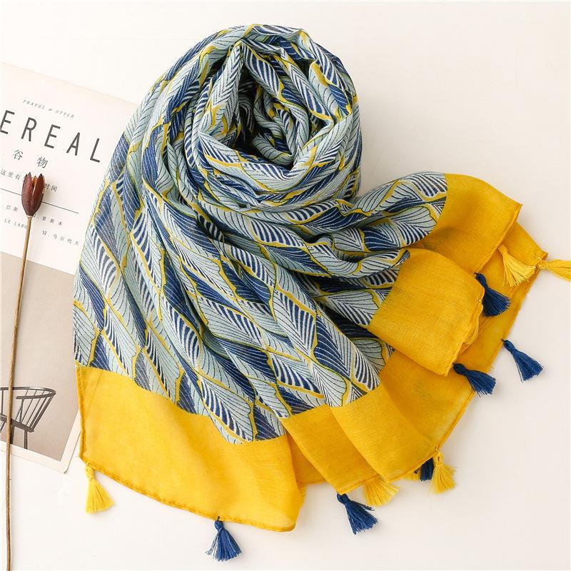 Four Seasons Japanese Style Small Fresh Cotton And Linen Hand Feel Scarf, Silk Scarf, Encrypted Bali Gauze, Blue Leaf Travel Shawl