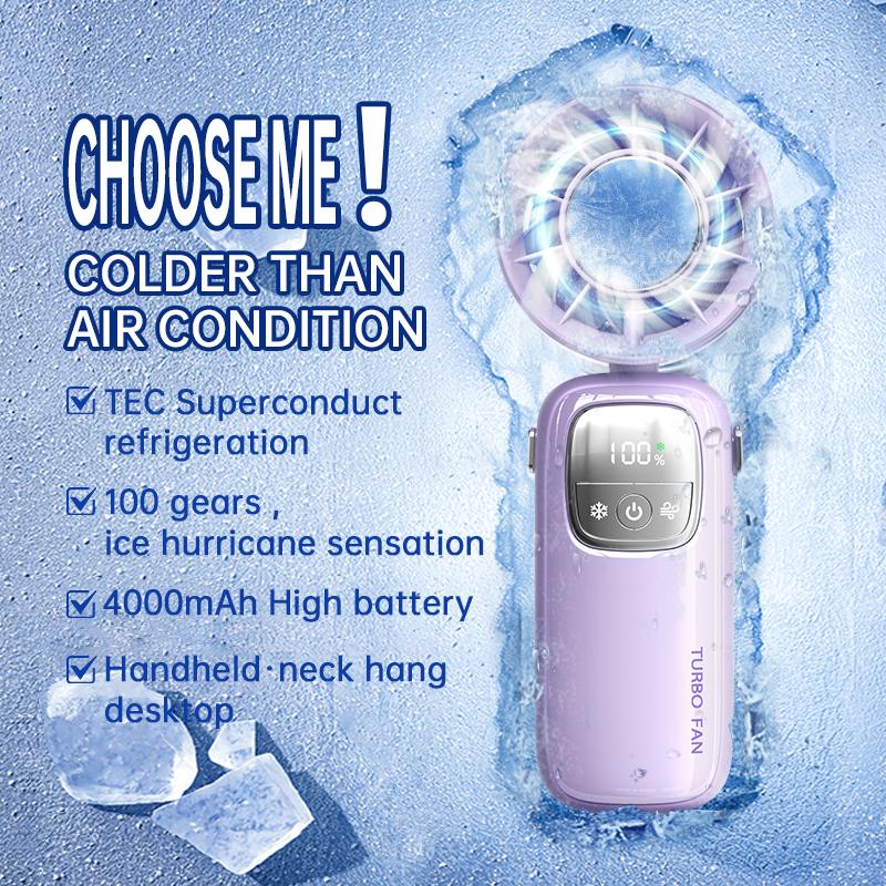 2026 New Digital Display 4000mAh Ice Cooling Mini Electric Fan Hanging Neck Handheld Fan Portable Turbo High-speed Folding Fan