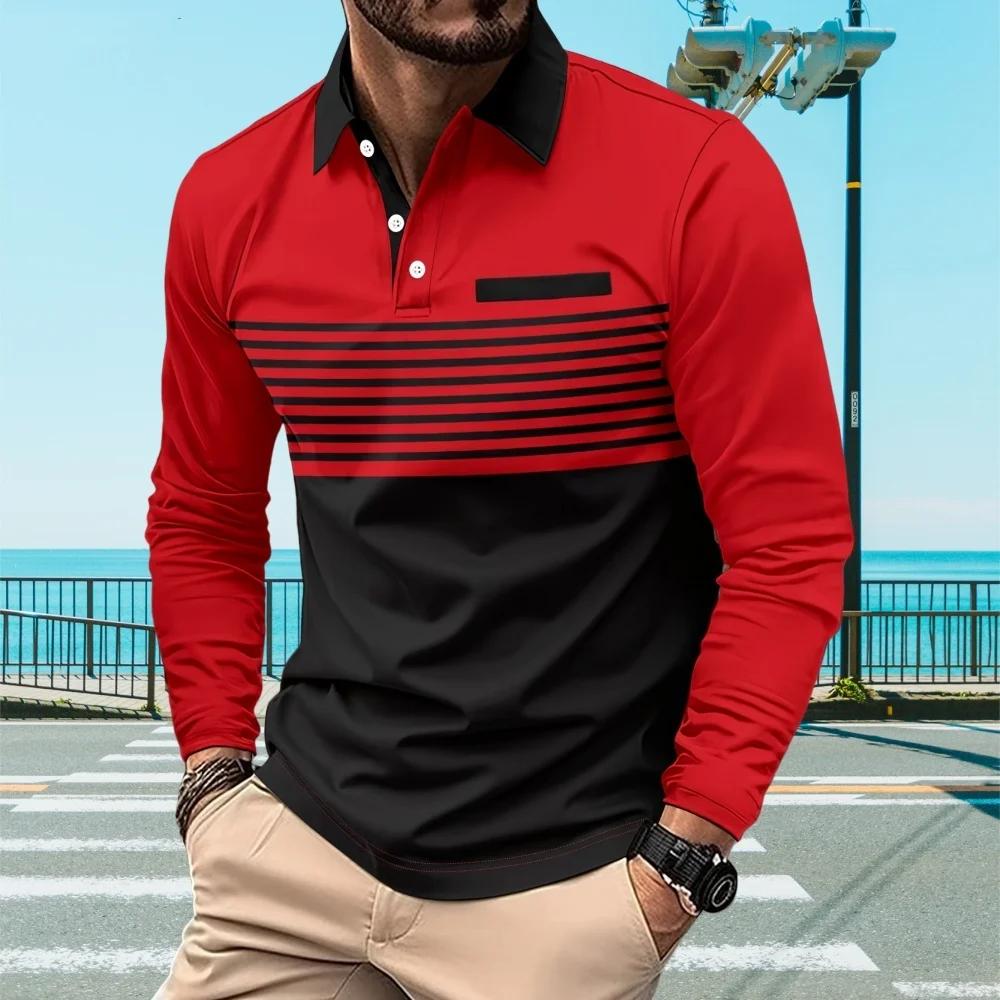 Mens Polo Shirts 3D Stripe Colorblock Print Fashion Sports Lapel Golf T-Shirt Men Tops Casual Long Sleeve T-Shirt Man Clothes