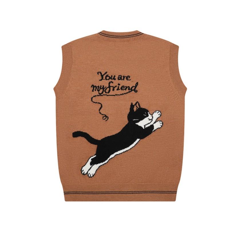 Kawaii Cat Jacquard Knit Vest V-Neck Loose Fit Sweater Teens Unisex