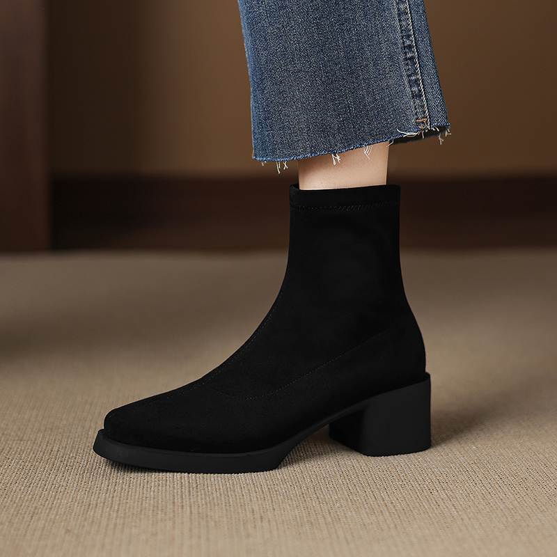Krazing Pot Flock Round Toe Thick High Heels Chelsea Boots Zip Women Concise Style Ankle Boots