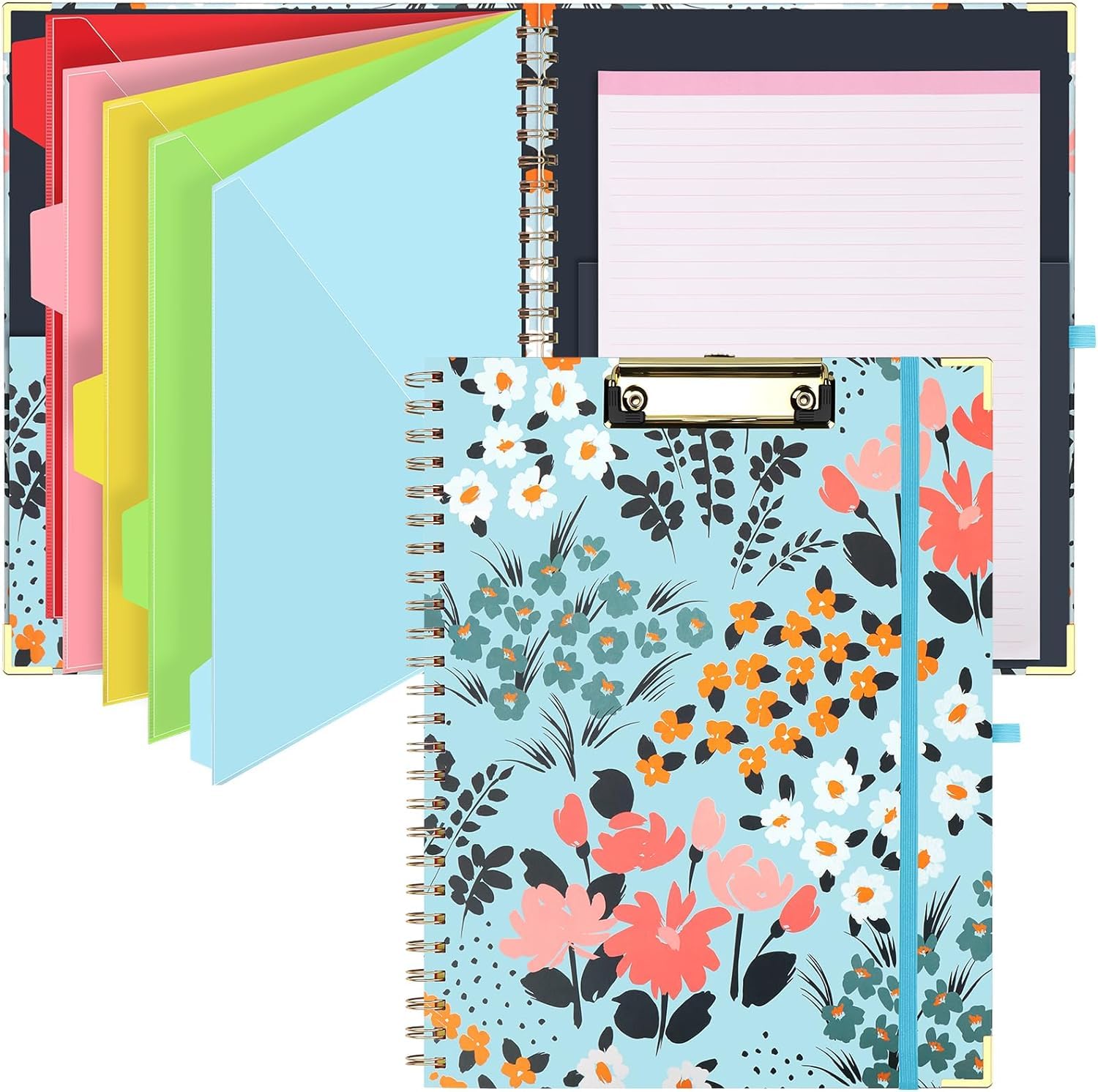 

SFLHHDM Спиральный планшет-папка А4 Сменный Милый планшет 5 разделителей Хранение 10 зажимов Канцелярские товары Твердая обложка Стильная папка Файловая доска Планировщик заметок для