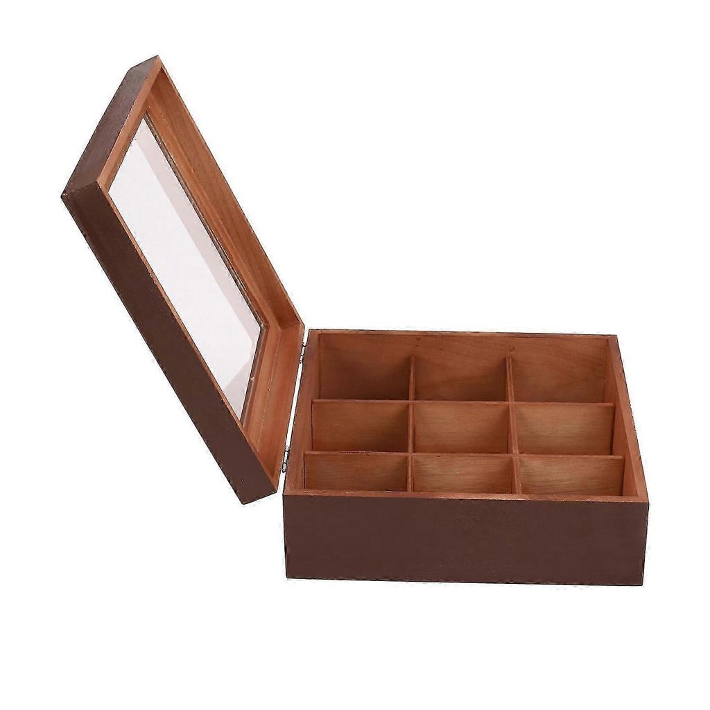 2X Wooden 9 Grids Tea Box Tea Bags Container Storage Box Square Gift Box Case Transparent Top Lid J