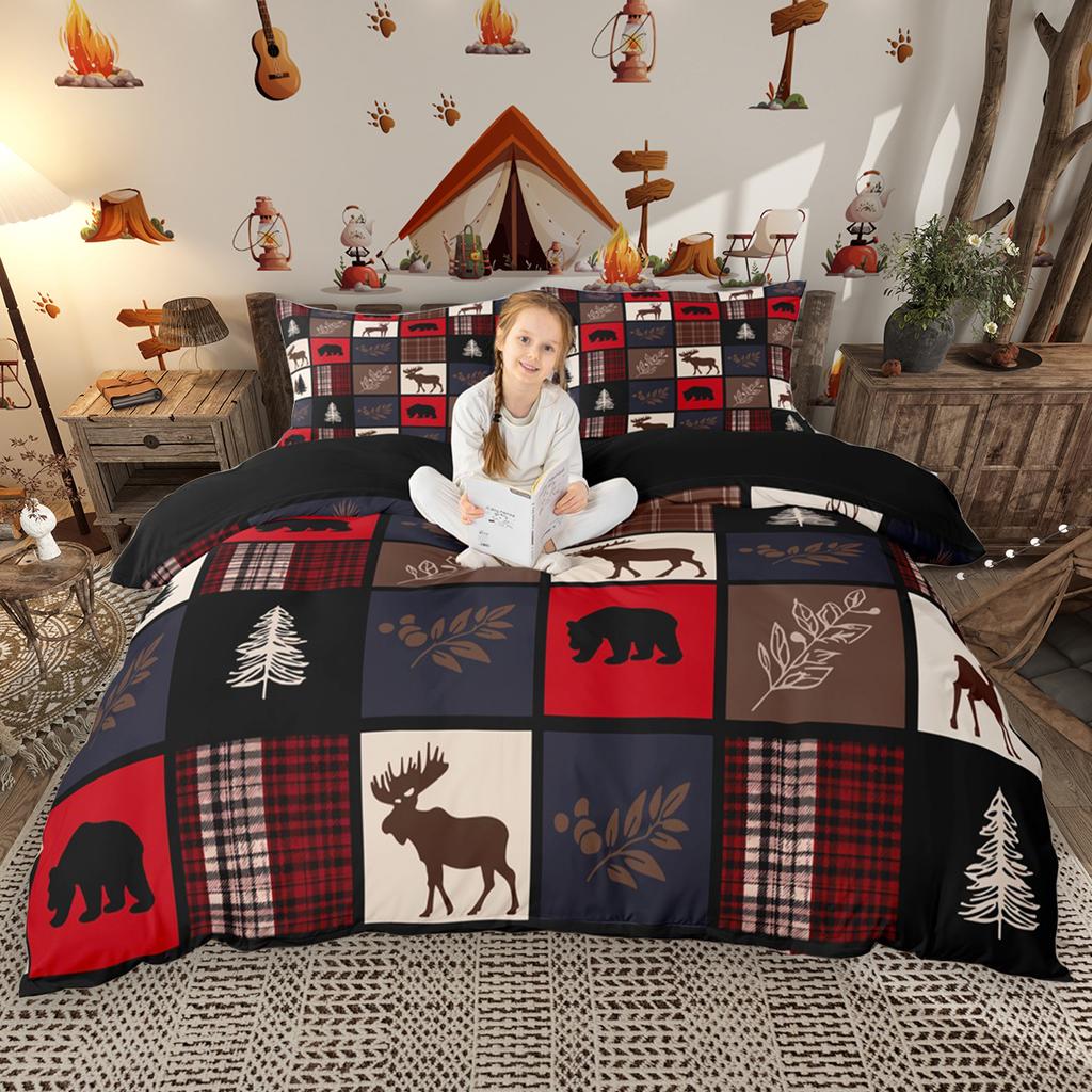 Homewish Deer Bear Plaid Duvet Cover Set 2Pcs/3Pcs Rustic Farmhouse Lodge Cabin Bedding Set Hunting Moose Bed Set