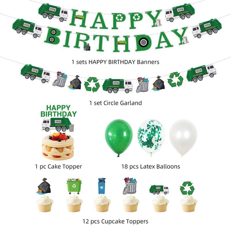 Green Environmental Protection Garbage Truck Themed Birthday Party Decoration - Balloon Banner, Cake Insert Sign Set for Birthday Party Decoration Garbage truck theme