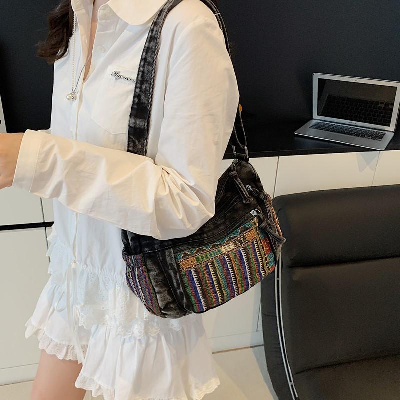 Vintage Denim Embroidered Tote Bag Women's Large Capacity Shoulder Handbag