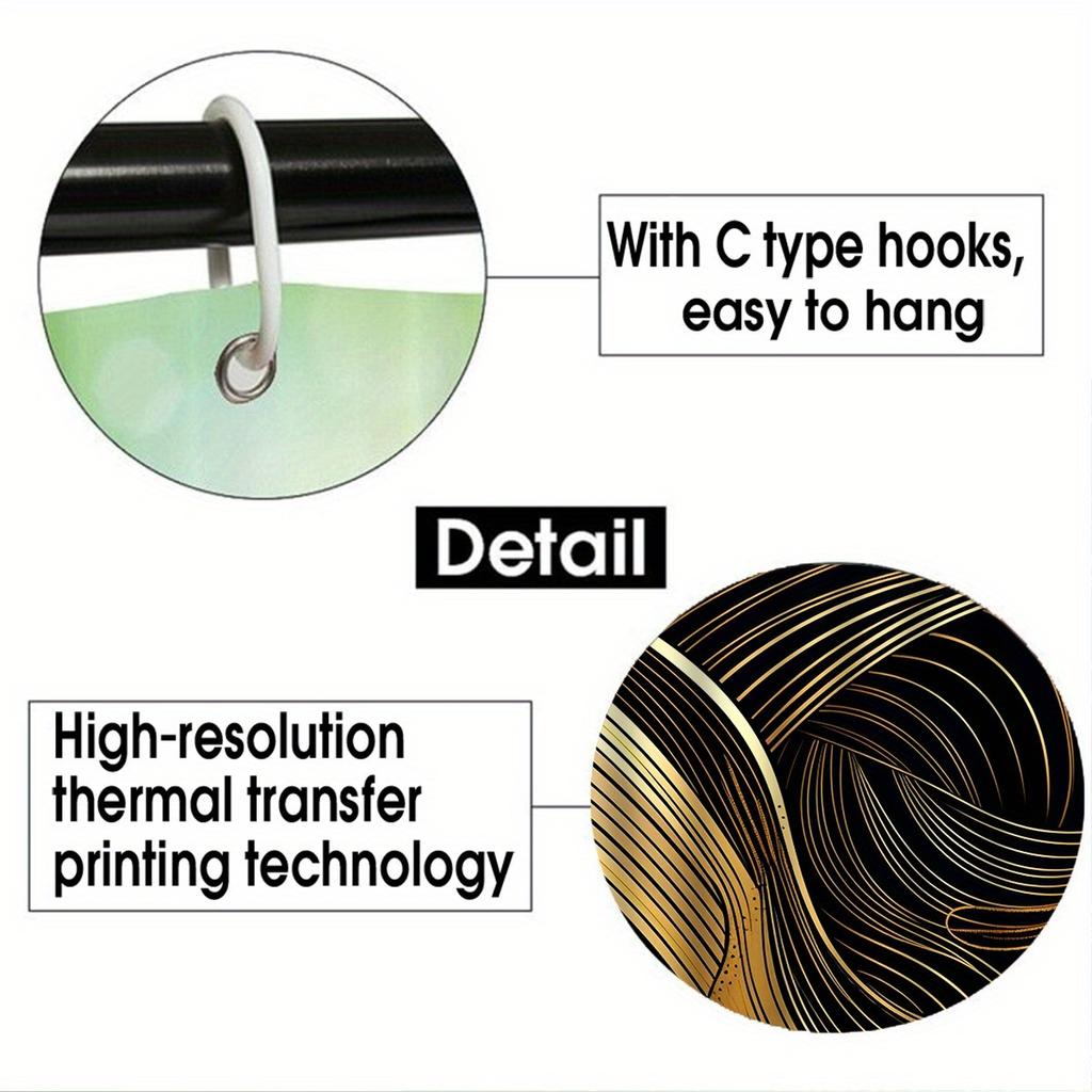 4Pcs Golden Swirl Shower Curtain Set with Non-Slip Bath Mat, Toilet Lid Cover, Contour Rug & 12 Hooks, Bathroom Decor