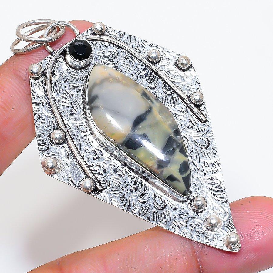 Natural Maligano Jasper, Spinel 925 Sterling Silver Jewelry Pendant 2.96" ZS-791