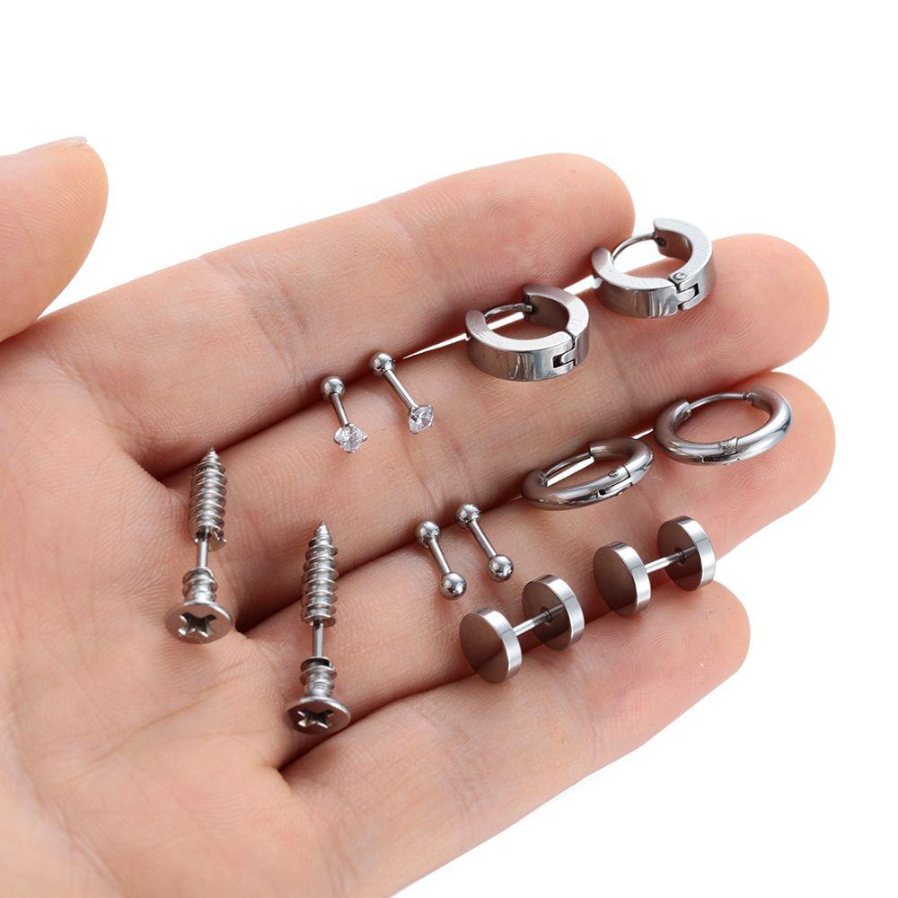 Piercing Jewelry Stainless Steel Earrings Set Black Dumbbell Stud Hoop Earrings Tragus Earrings
