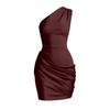 European and American satin single shoulder hip skirt women's slanted shoulder pleated sexy slim nightclub party dress dress
