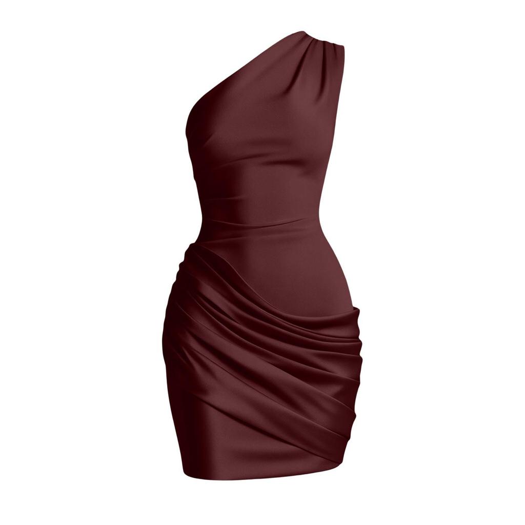 European and American satin single shoulder hip skirt women's slanted shoulder pleated sexy slim nightclub party dress dress