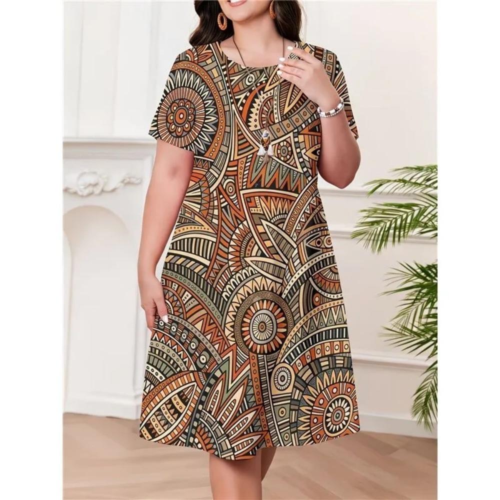 Big Size Women's Dress 3D Vintage Floral Summer Short Sleeve round Neck Casual Dress