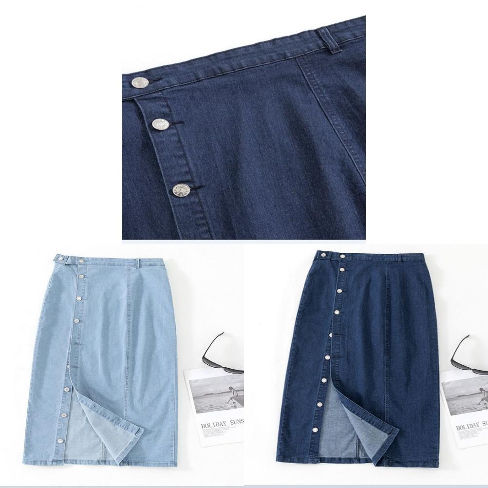Denim Midi Skirt With High Waist And Stretchable Cotton Fabric For Casual Women