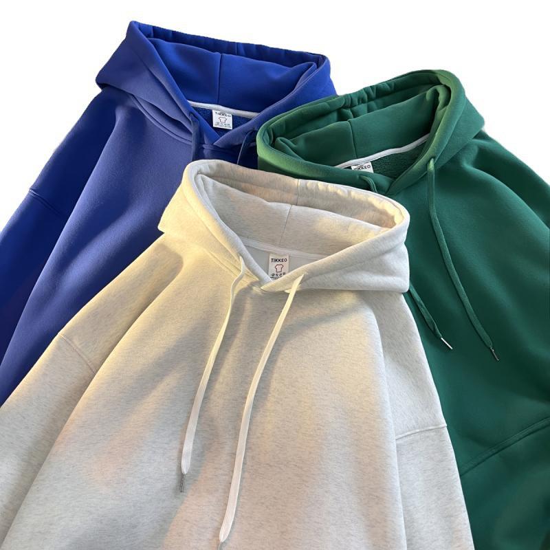 Men's Dark Green High-Gloss Heavy Oversized Hooded Sweatshirt for Autumn/Winter, Plus Velvet, Basic Style.