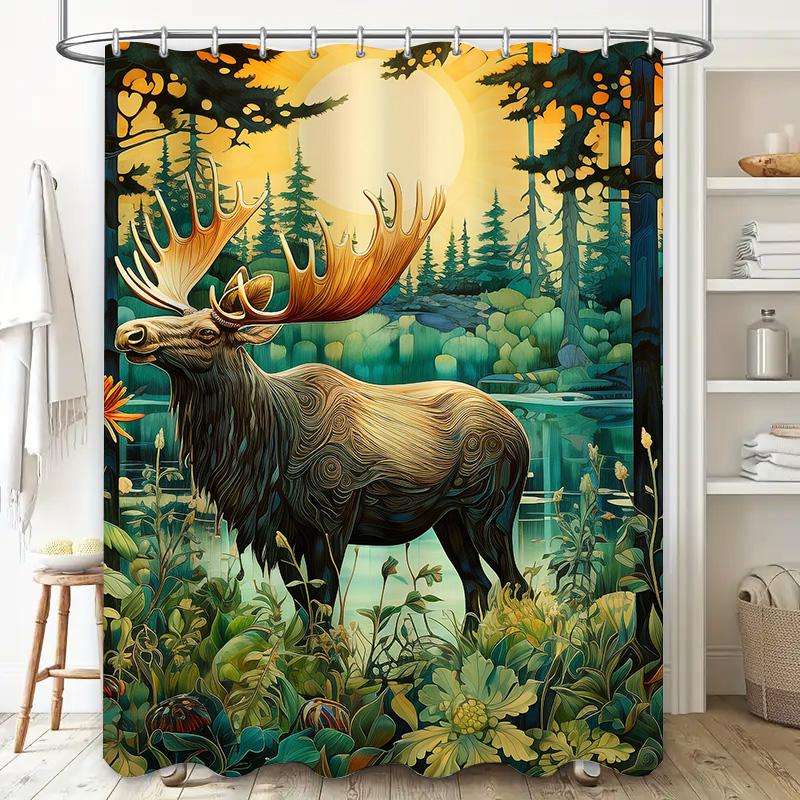 Stunning Forest Deer Shower Curtain Vivid Moonlit Landscape Decor For Bathroom Printed Fabric Waterproof Bath Mat Cover With Hoo