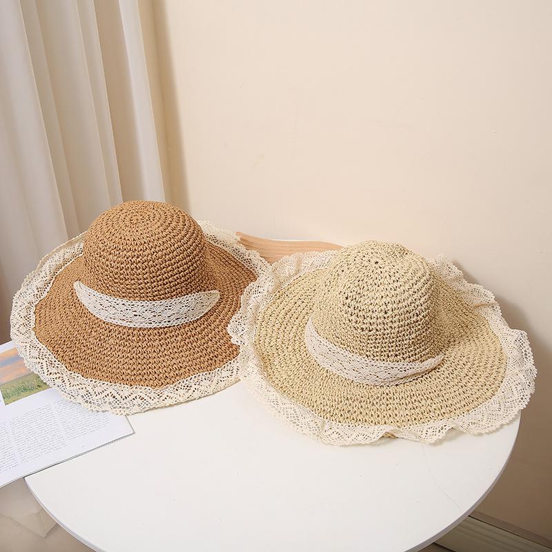 Elegant Lace-Trimmed Wide Brim Straw Hat for Women - Breathable, Sun-Protective Beach Cap with Hollow Design, Summer, Woven, Sunshade
