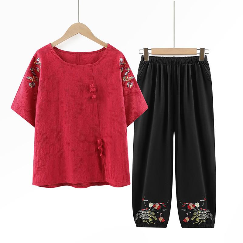 

Grandma s Summer Two-Piece Cotton Linen Set: Short Sleeve for Women Aged 60-80 2XL (for 50-57.5 kg) красный