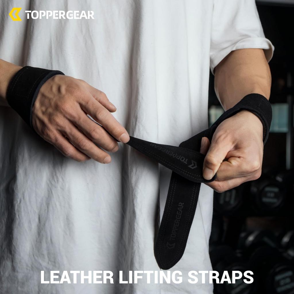 TOPPERGEAR Wrist Straps, Genuine Leather, Enhanced Grip, Padded, for Deadlifts and Pull-ups (Black)