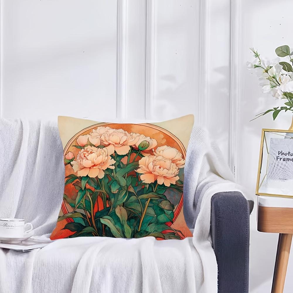 Art Nouveau Peony Floral Print Throw Pillow Cover, Vintage Botanical Style Decorative Cushion For Living Room Bedroom Sofa Couch