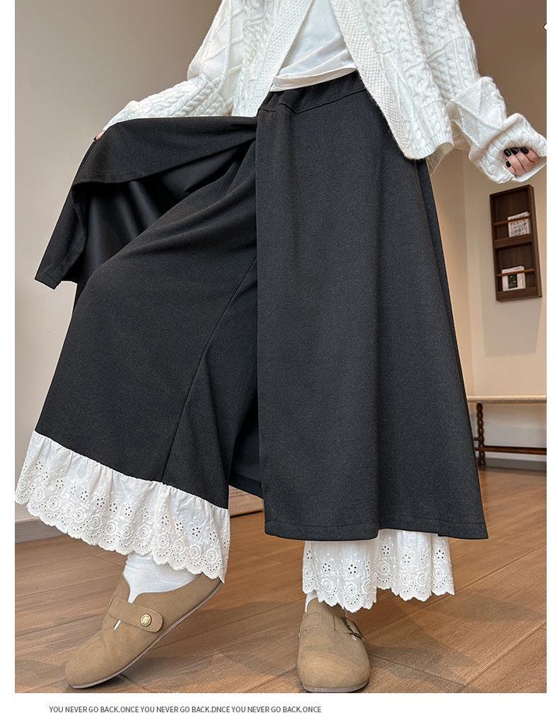 Women's Patchwork Lace Trim High-Waisted Wide-Leg Pants: Versatile, Slimming, Plus Velvet for Autumn/Winter 2025.