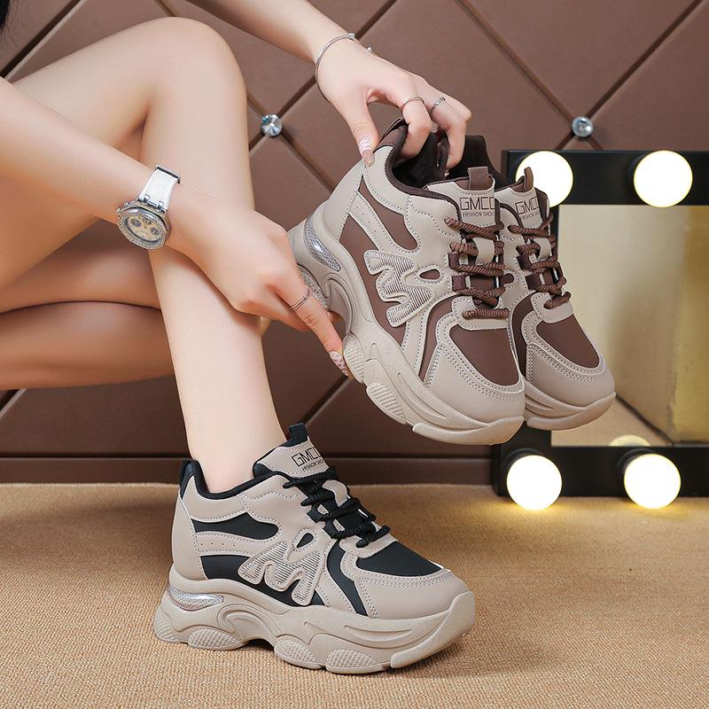 Inner heightening women's shoes 2025 new thick-soled dad shoes heightening leather surface soft sole waterproof and non-slip, not tiring feet after