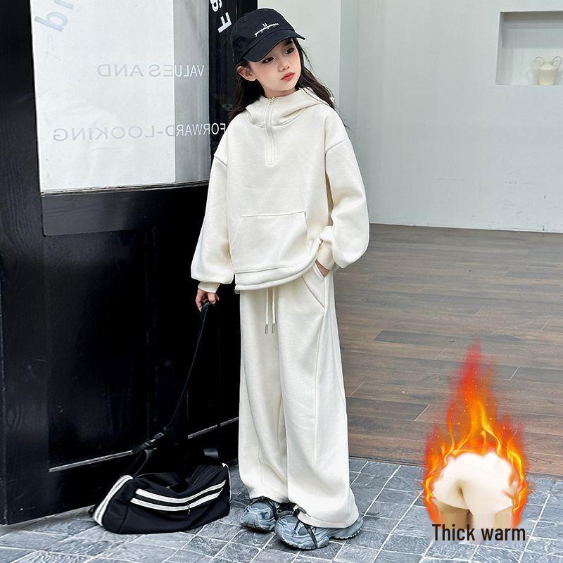 Girls' Fleece-Lined Sweatshirt Three-Piece Set - 2024 Autumn/Winter Trendy Casual Sportswear