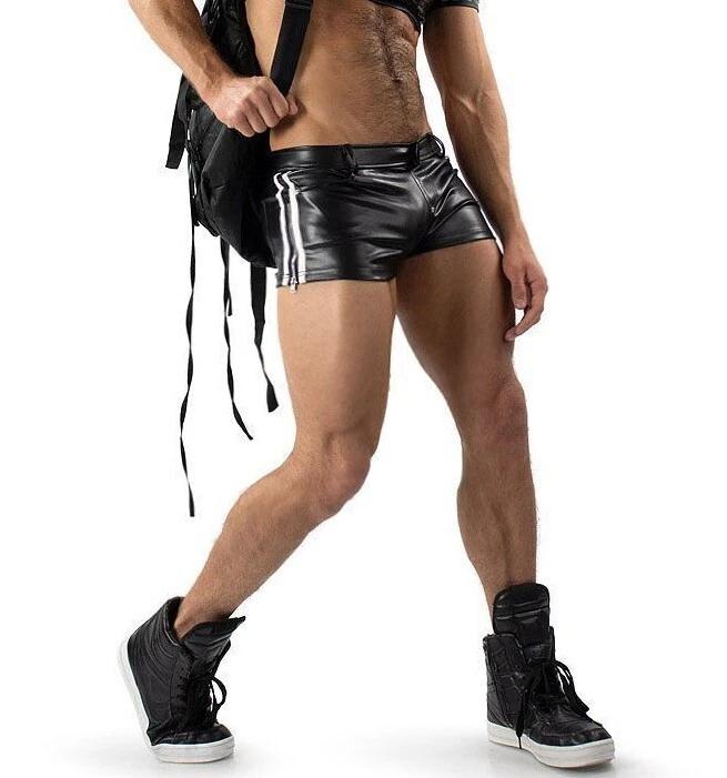 Leather Black Men Short Pants Soft Side Zip Lambskin Gym Sports Boxer Pocket