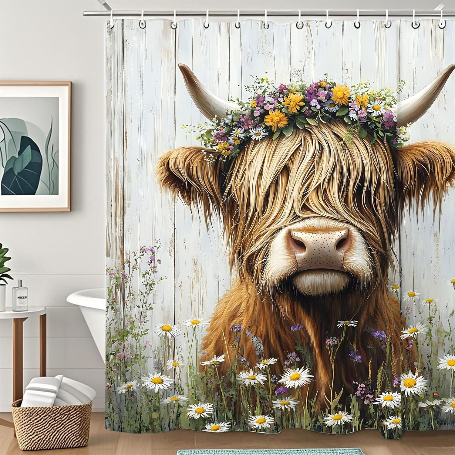 

Highland Cow Rustic Flowers Shower Curtain,Bathroom Shower Curtains Bathtub Home Decor Waterproof Fabric Machine Washable with 1 90x180cm