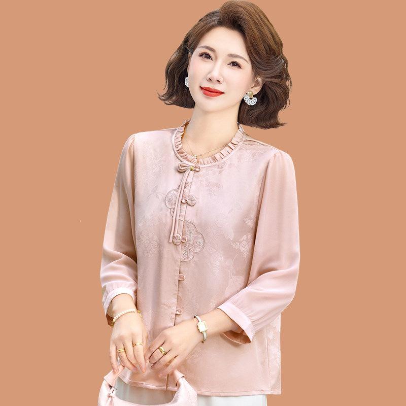 

50s Mother s Chic 3/4 Sleeve Blouse: Stylish Spring/Summer Gauze Sleeve Shirt for Middle-Aged and Elderly Women 2XL (105-120 Jin)