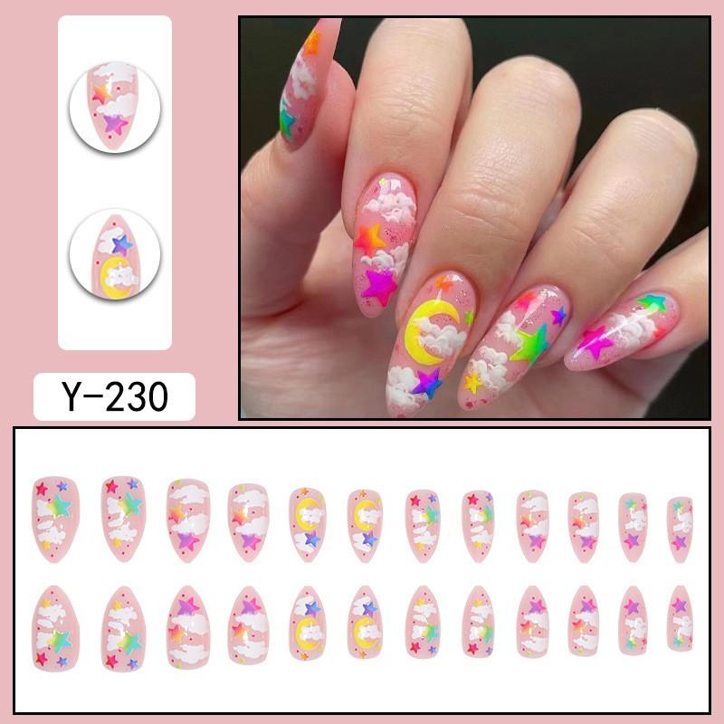 Press-On Nails With Moon Star Cloud Design - Cute White Multicolor False Women Girls
