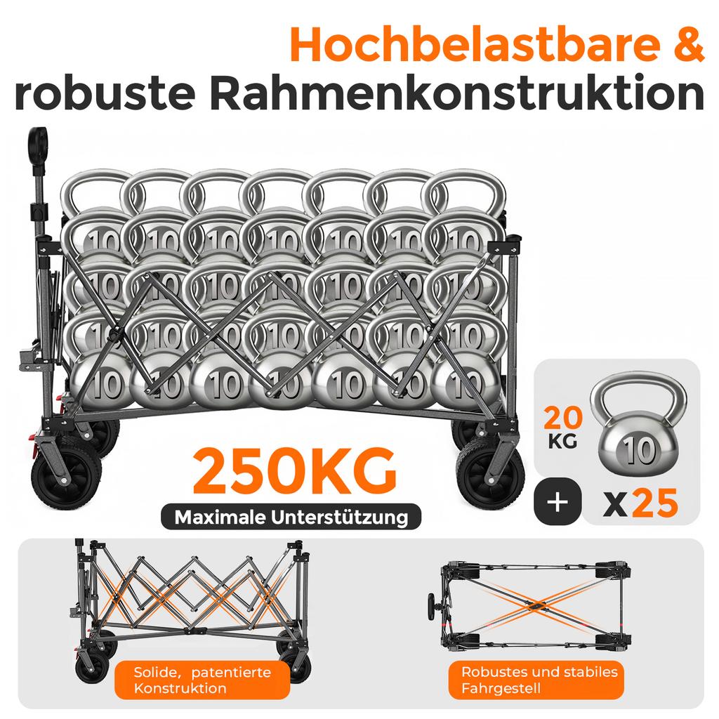 Składany wózek XXXL 300L Nośność 250 KG, Rozkładany do 130 cm, Dodatkowa szerokość 17x10 cm Koła terenowe, Opatentowany błyskawiczny montaż 4-kierunkowy, Czarny
