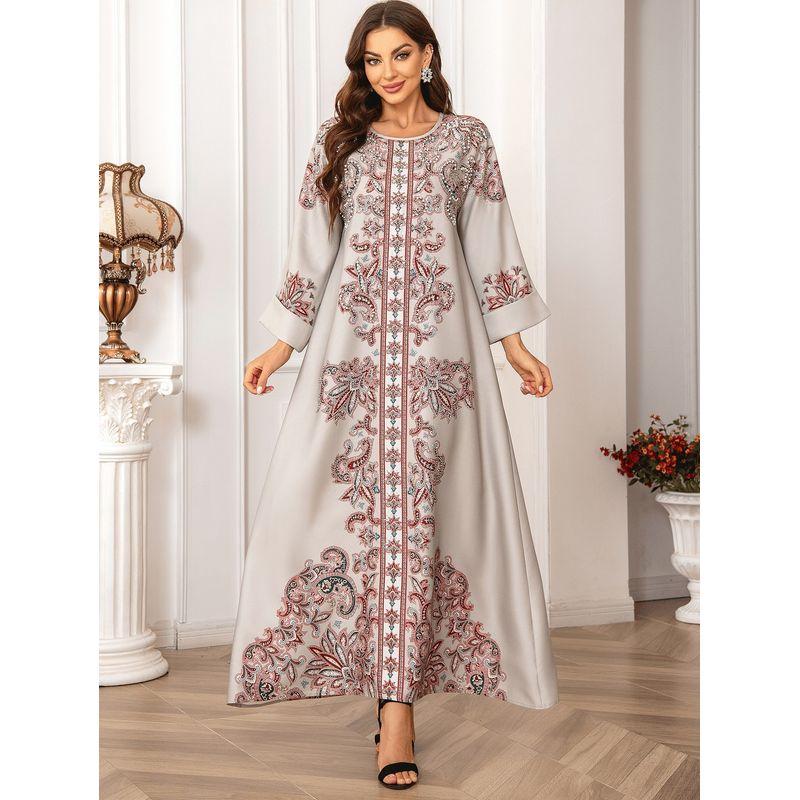 Magic Queen Middle East Saudi Robe Flower Positioning Print Beads Arabic A Word Dress Dresses