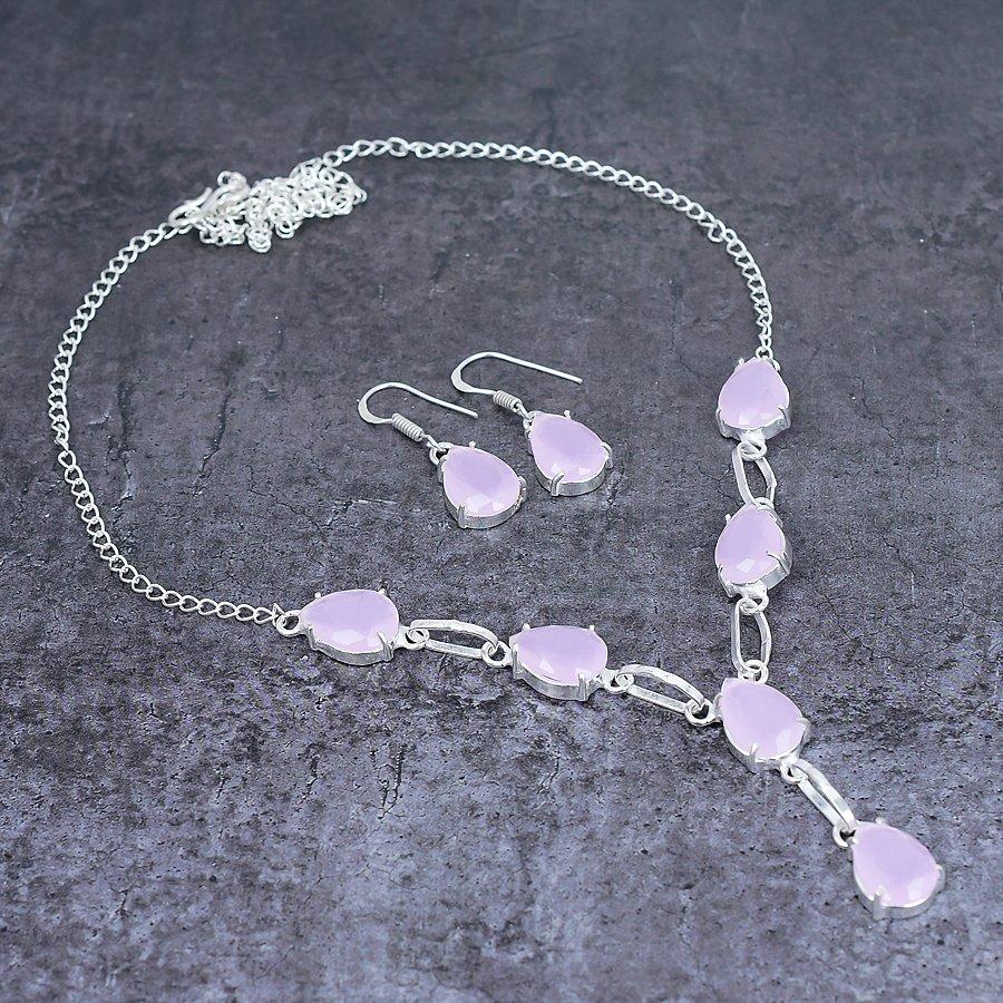 Pink Chalcedony Gemstone 925 Sterling Silver Jewelry Set