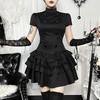 Robe Courte Gothique Noire à Col Haut Coupe Ajustée Fête d'Halloween Streetwear Adolescente