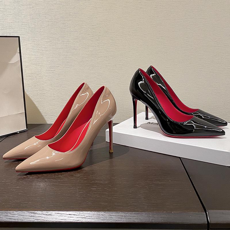 Women's Black Patent Leather Pointed Stiletto Heels - Red Bottom, Small Size, French Style