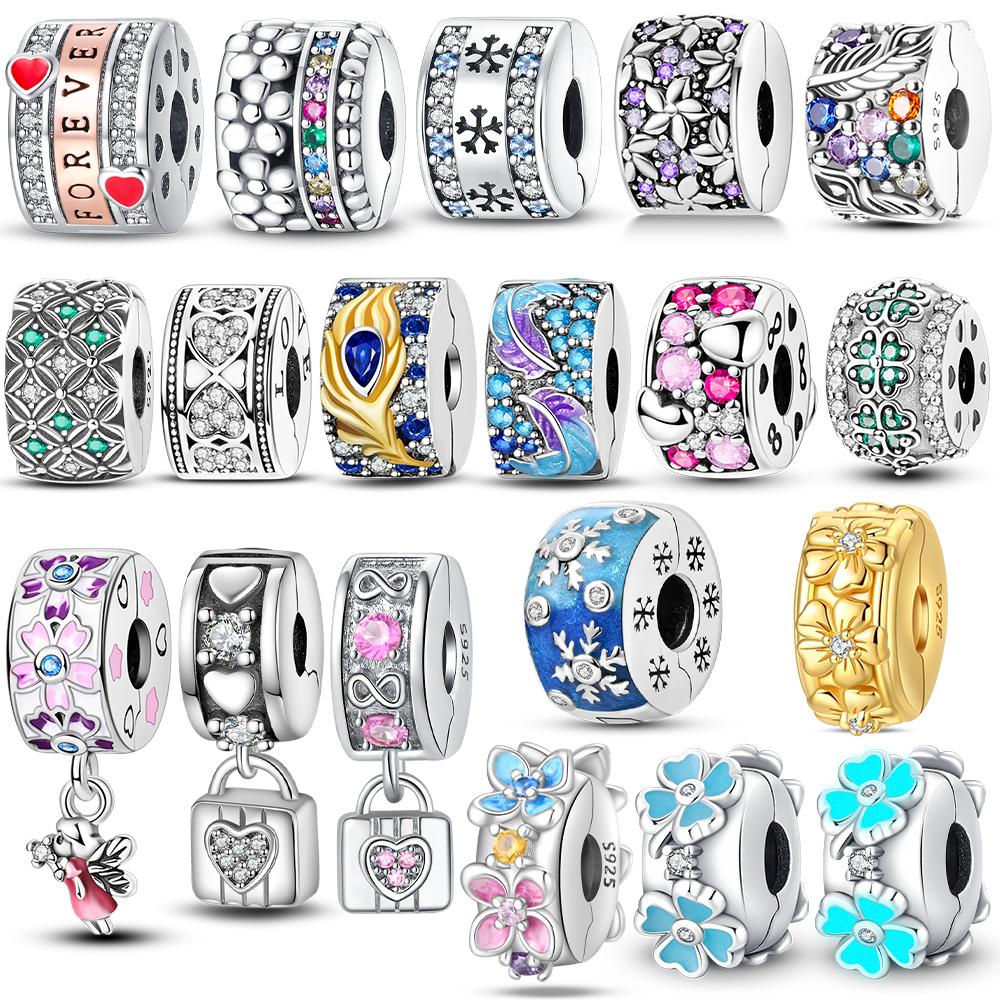 Original Copper Four-Leaf Clover Pink Zircon Snowflake Lock Charm Heart Beads Fit Bracelet Women Jewelry Diy Gift Accessory