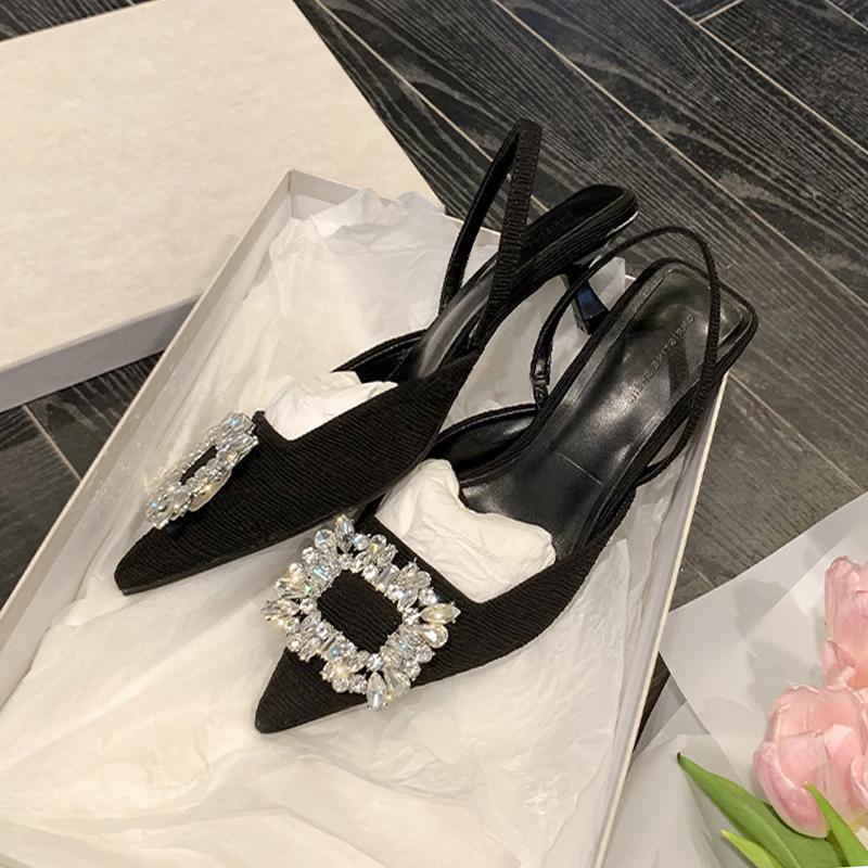 Sommar Damer Kristallpumps Eleganta Kitten Heels Bröllopsskor Spetsig Tå Höga Klackar Slingback Tyg Strass Sandaler