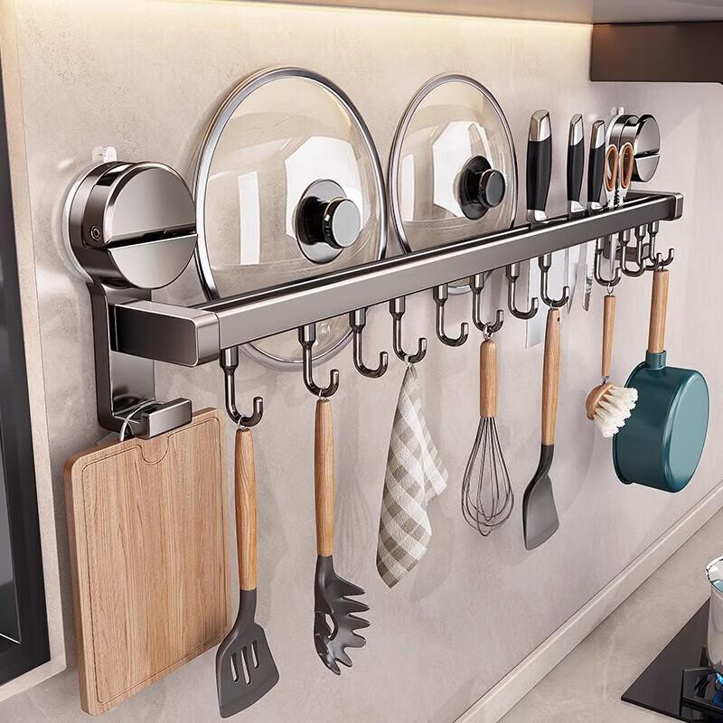 Suction Cup Kitchen Hooks, Multifunctional Storage Rack, No Drilling Required, Hanging Rod for Pot Lids, Spatulas, Knife Holder, Organizer Shelf
