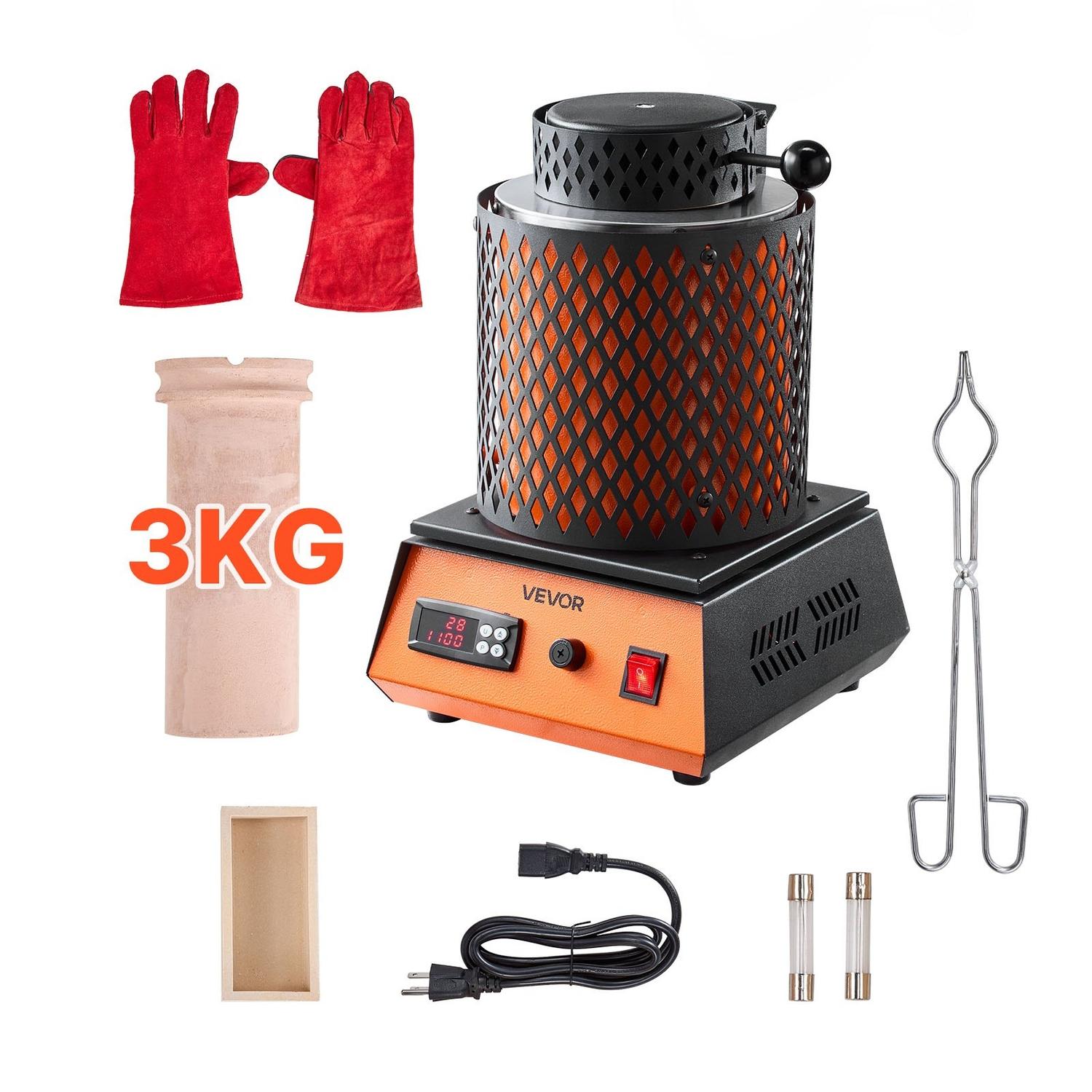 Elektromos olvasztókemence, 1350W Elektromos olvasztókemence készlet, 2102/1150 Fémolvasztó gép 3 kg-os kerámia tégellyel, Aranyolvasztó készlet