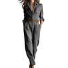 Women's Long Sleeved Lapel Button Retro Plaid Workwear Jumpsuit With Belt Included