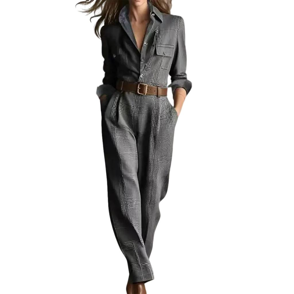 Women's Long Sleeved Lapel Button Retro Plaid Workwear Jumpsuit With Belt Included