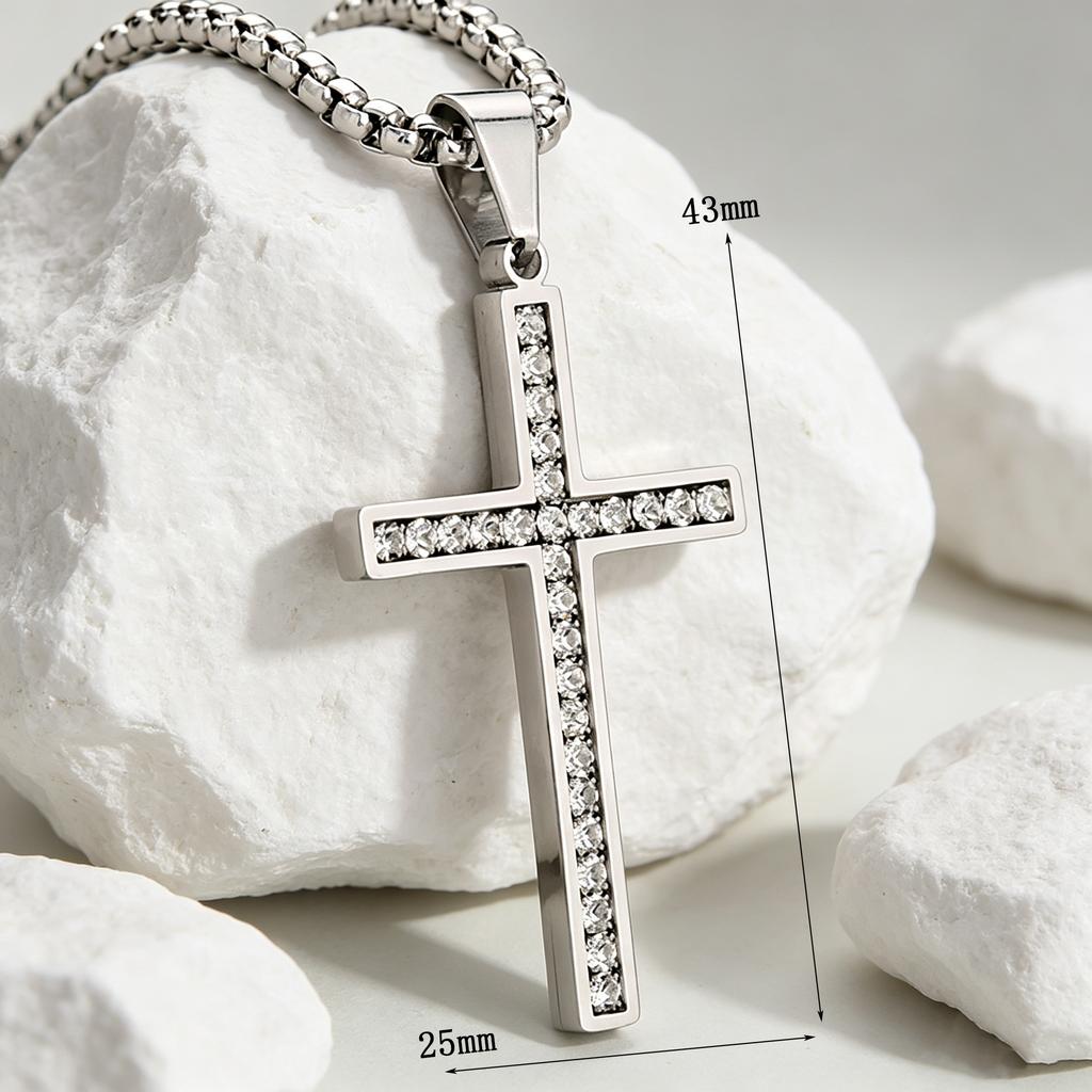 Stainless Steel Cubic Zirconia Cross Pendant Necklace, Zircon Inlay Faith Jewelry Gold/Silver Color Black for Men
