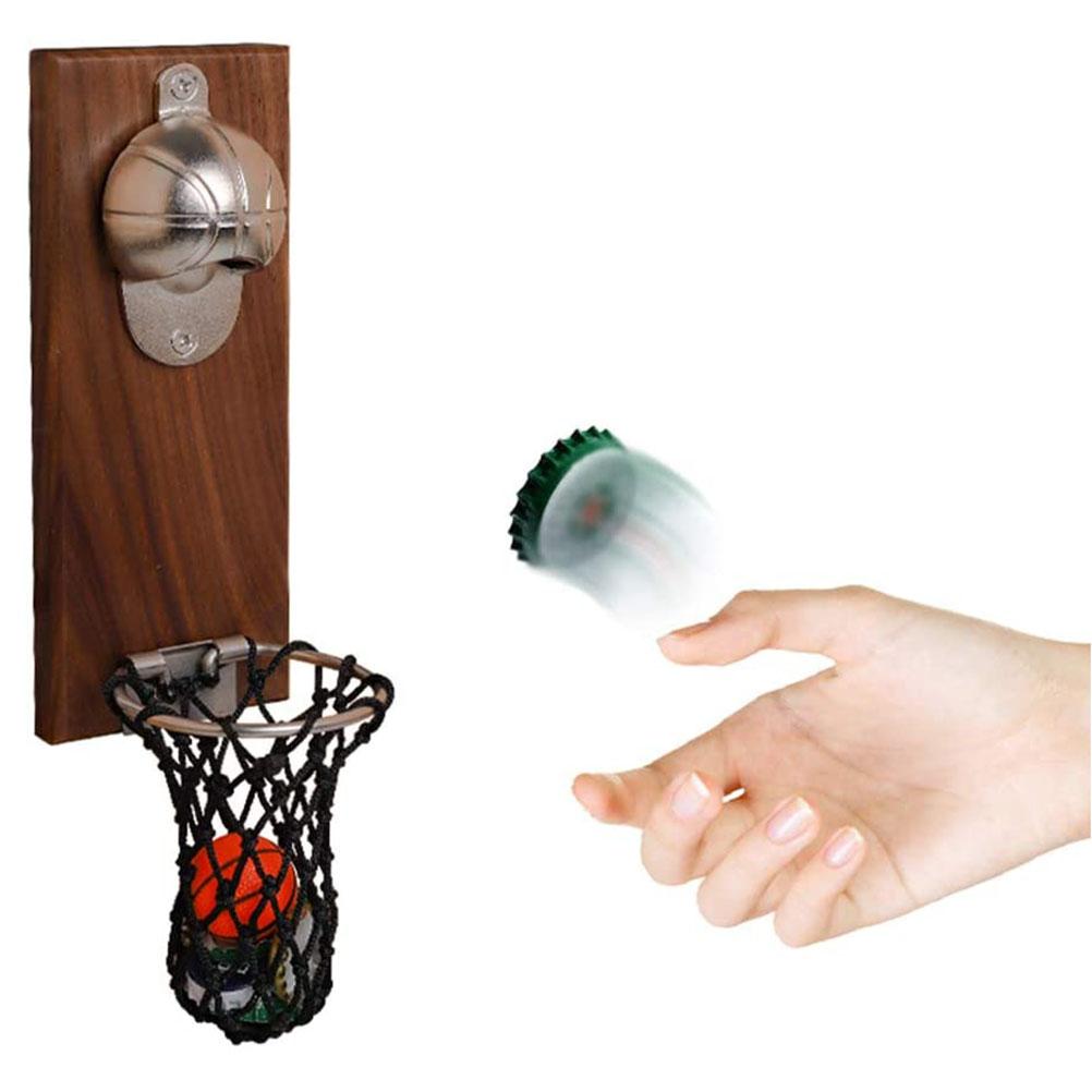 Wall Mounted Bottle Opener with Magnetic Lid Beer Bottle Opener Basketball Wood Pocket Net Fridge Magnet Decor