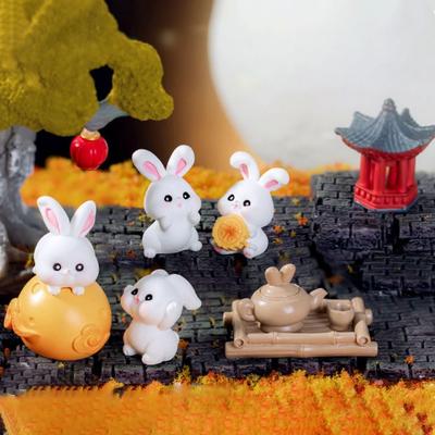 Cute Micro Landscape Rabbit Figurines Cartoon Handmade Bunny Ornaments Mini Resin Moon Cake Model Bonsai