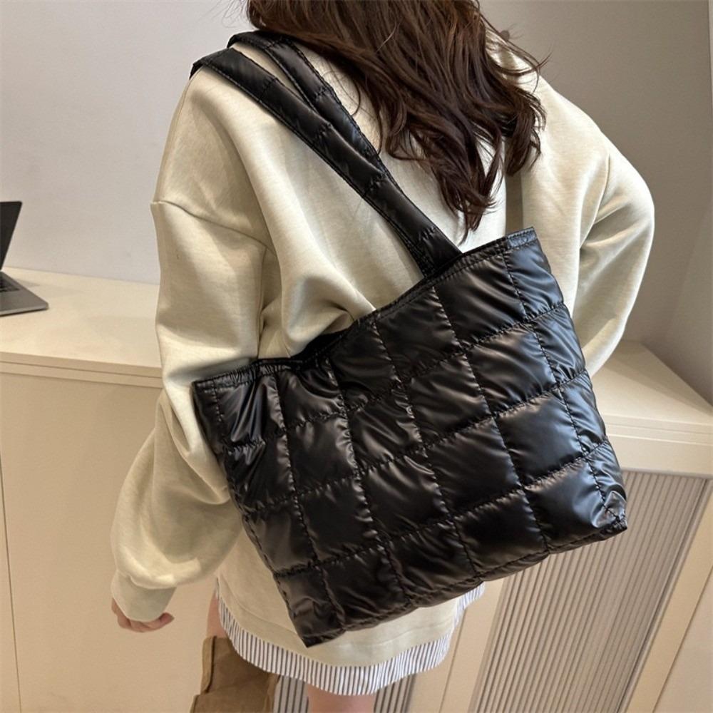 Fashion Solid Color Shoulder Bags Large Capacity Down Cotton Padded Quilted Tote Bag Shopping Bag Women Girls