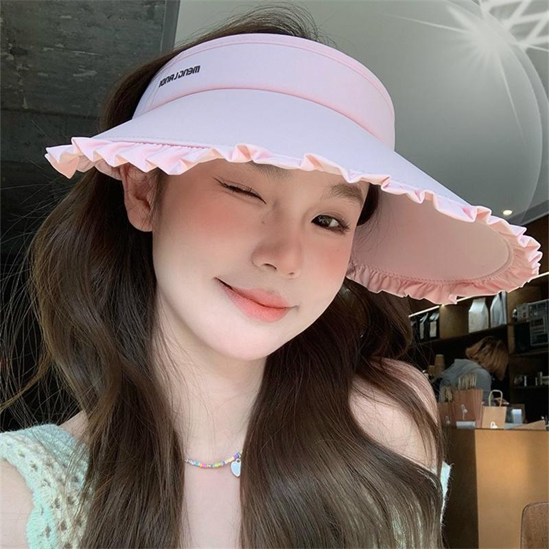 Sweetheart Ice Silk Wide-Brim Lace Sun Hat Breathable Open-Crown Visor With Uv Protection For Travel