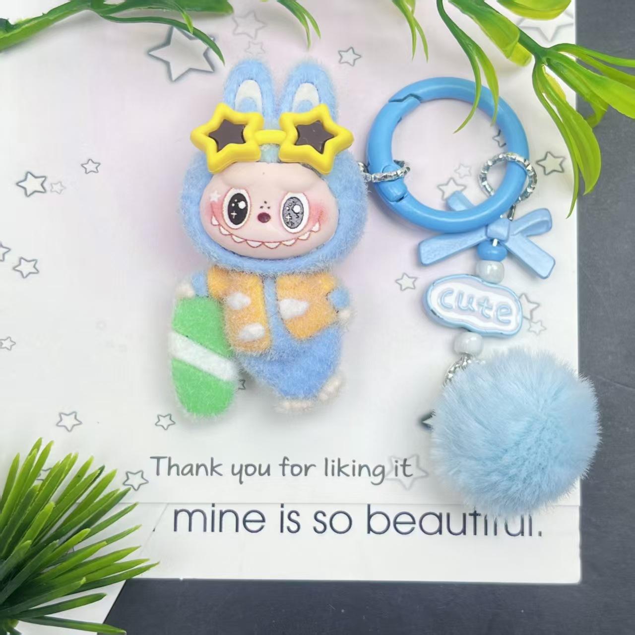 Trendy flocked labubu cute doll keychain pendant mini car desktop small ornaments