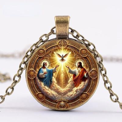 Christian Trinity Religious Pendant Necklace, Time Gemstone Glass Pendant