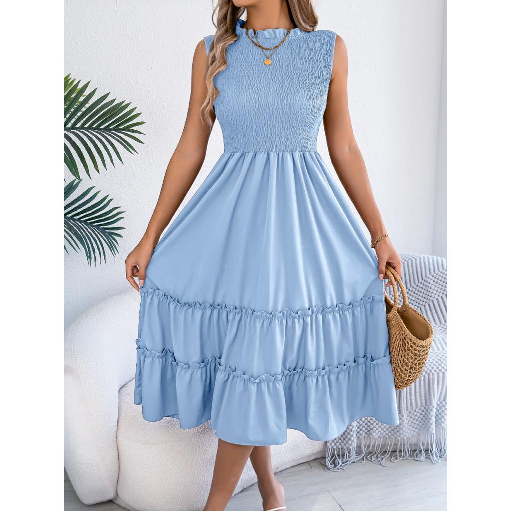 Spring Summer Women's Casual Smocked Waist Sleeveless Ruffle Trim Flowy Maxi Long Dress for European American Crossborder