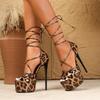 Street Style Leopard Print Peep Toe Woman Sandals Elegant Gladiator Thin High Heels Ankle Lace-up Banquet Dress Shoes